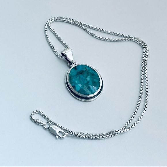 Sterling Silver Large Round Genuine Turquoise Necklace, Boho Necklace - Picture 5 of 13
